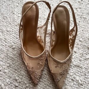 Elegant Beige Lace Slingback Pointed Toe Heels